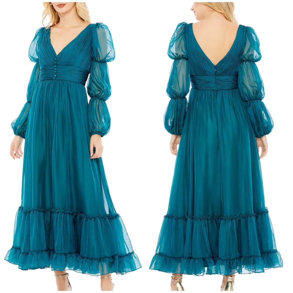 Mac Duggal NWT Teal Chiffon Ruched Tiered Puff Sleeve A Line Maxi Dress Size 6